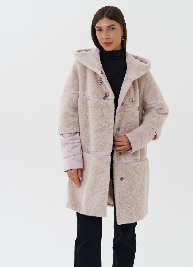 Комбинированное пальто из эко меха с капюшоном модель № 27652 универмаг малина