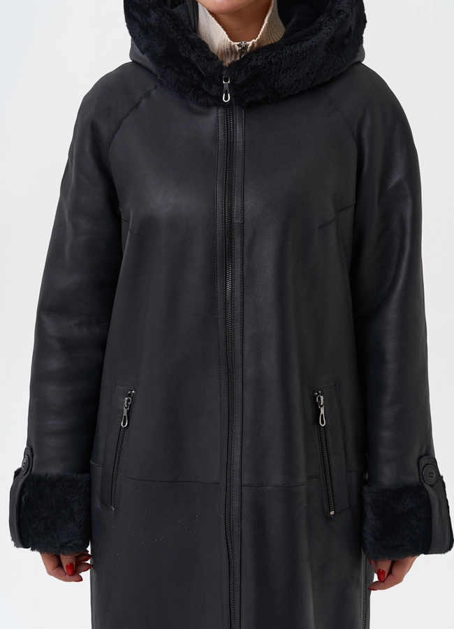 Натуральная дубленка с капюшоном модель № 28956 универмаг малина