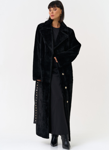 Женская натуральная дубленка с двойным поясом