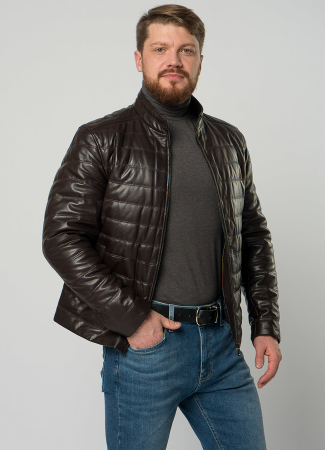 Мужская  утепленная куртка из натуральной кожи коричневого цвета модель № 20551 в рассрочку