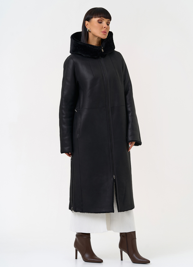 Натуральная двухсторонняя дубленка с капюшоном модель № 28957 в рассрочку