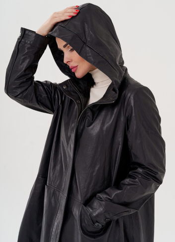 Длинный кожаный плащ с капюшоном