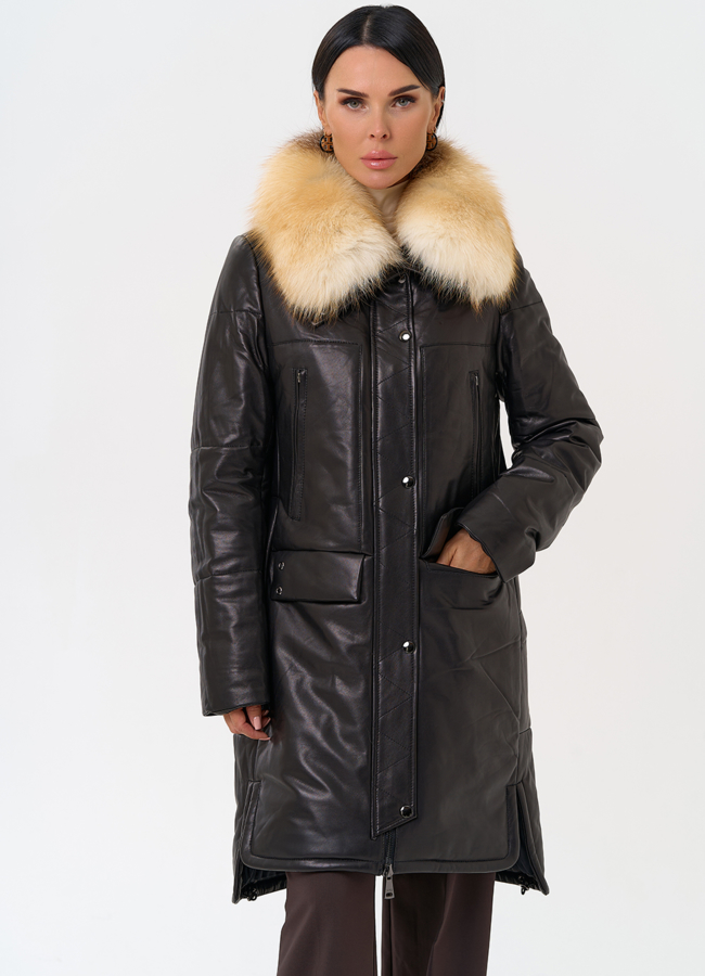 Кожаный пуховик с воротником из лисы модель № 19919 универмаг малина