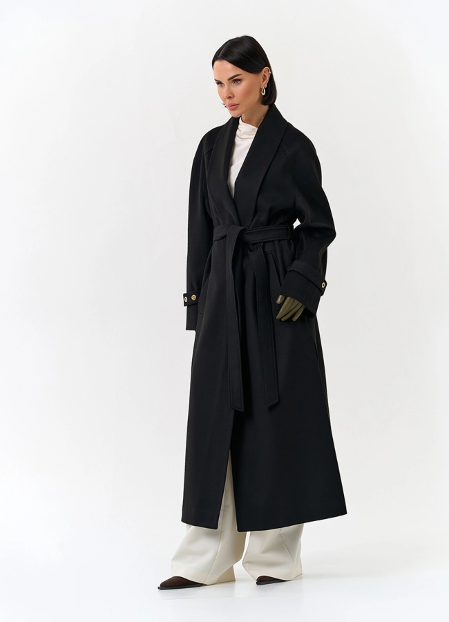 Женское длинное пальто с поясом модель № 32851 универмаг малина