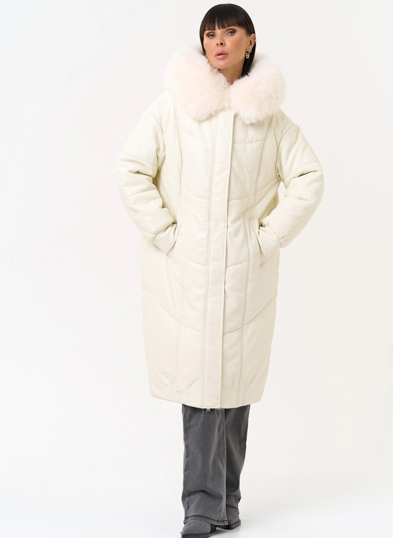 Женский пуховик из эко кожи со съемным эко мехом
