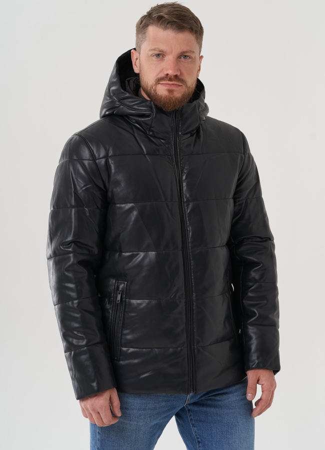 Пуховик мужской из эко кожи с капюшоном  модель № 81843 универмаг малина