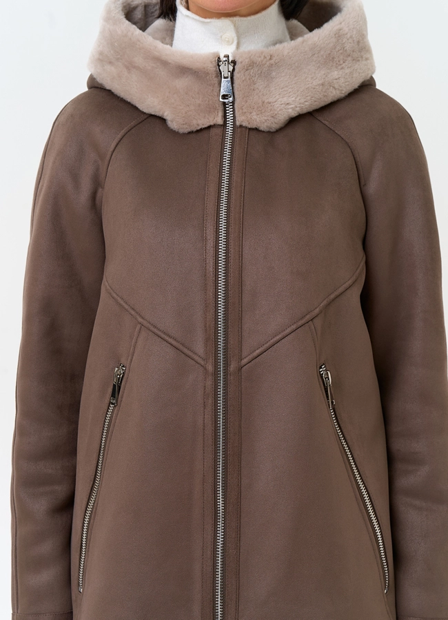 Женская дубленка из эко замши модель № 33889 универмаг малина