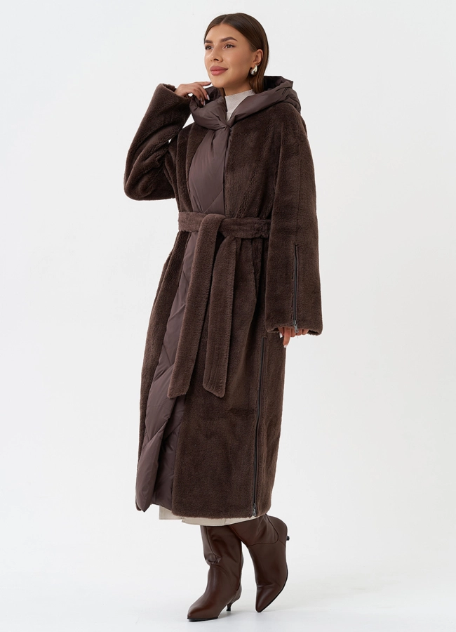 фото Комбинированное пальто на утеплении с капюшоном модель № 28538