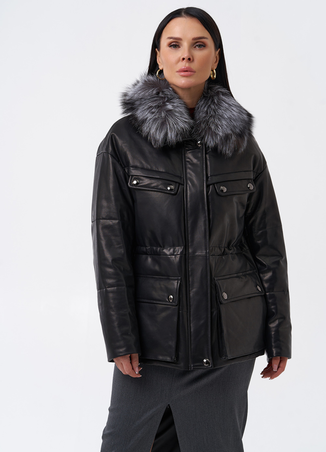 Кожаный пуховик с мехом модель № 29405 меха малина