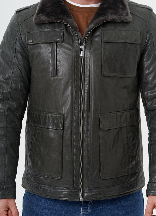 Мужская утепленная кожаная куртка  модель № 28074 универмаг малина