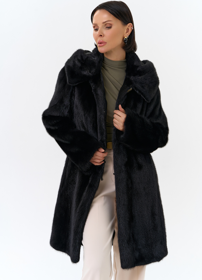 Шуба из норки с капюшоном черного цвета модель № 27662 универмаг малина