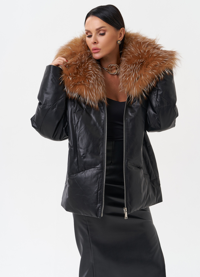 Женский кожаный пуховик с отделкой из натурального меха модель № 28911 универмаг малина