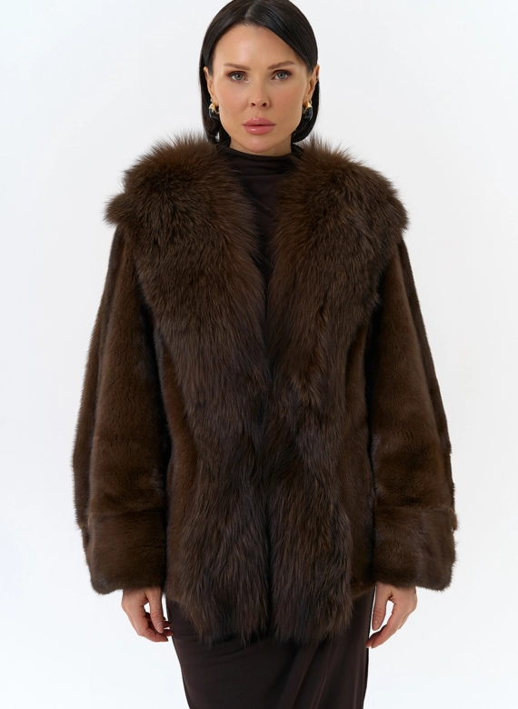 Шуба из норки с отделкой из меха чернобурки фото