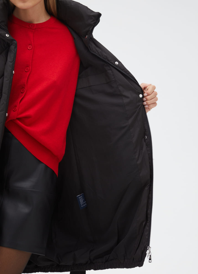 Женский пуховик черного цвета с поясом модель № 31120 универмаг малина