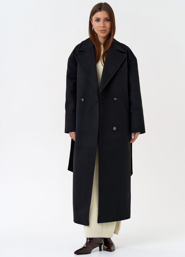 Длинное женское пальто в черном цвете модель № 31337 меха малина