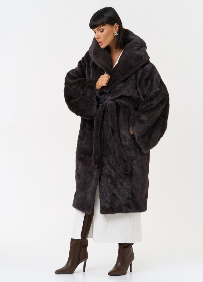 Женская шуба из меха норки с капюшоном  модель № 31377 в рассрочку