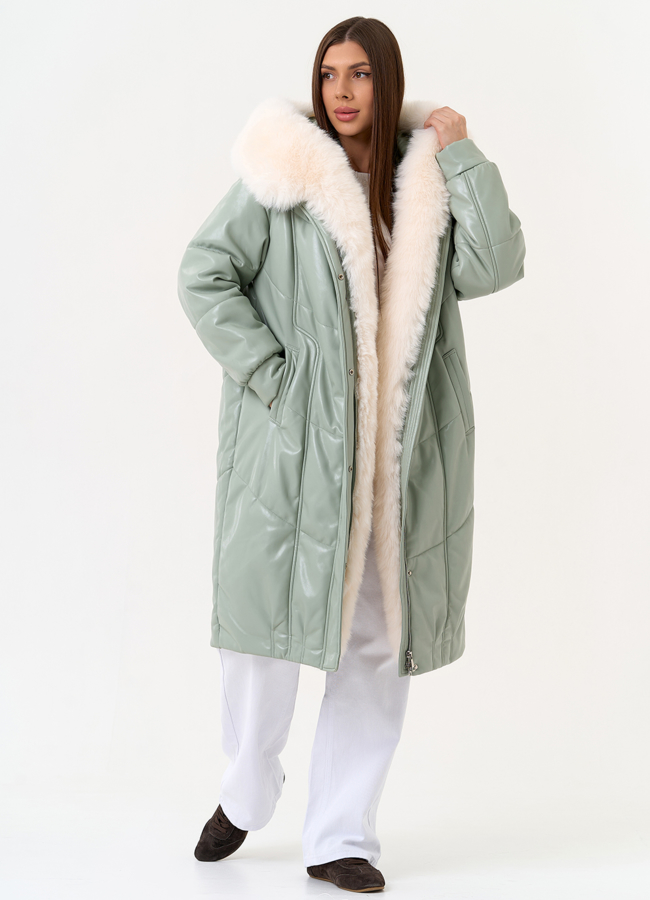Женский пуховик из эко кожи с отделкой из эко меха модель № 30719 меха малина
