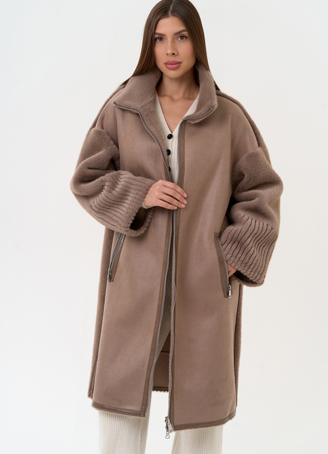 Женская двухсторонняя дубленка из эко замши с воротником стойкой модель № 31415 меха малина