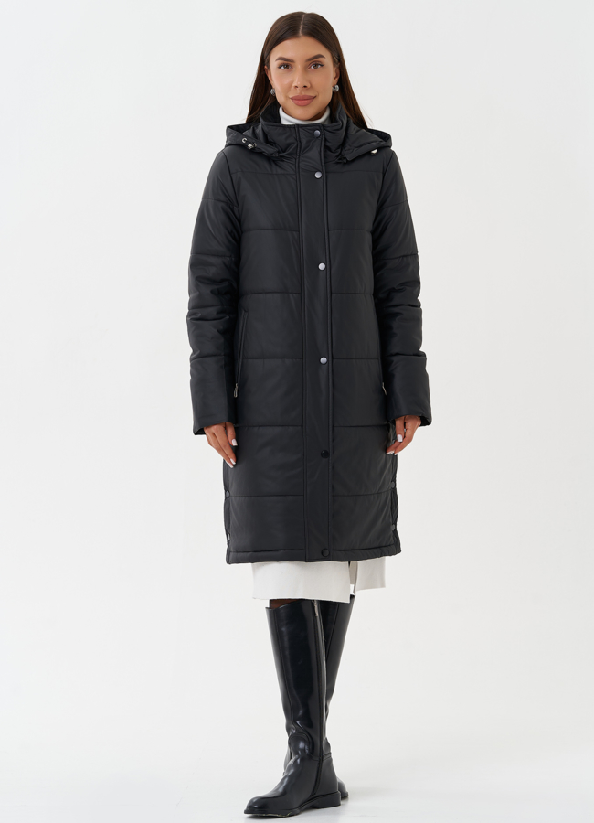 Пуховик из эко кожи с капюшоном модель № 27729 меха малина