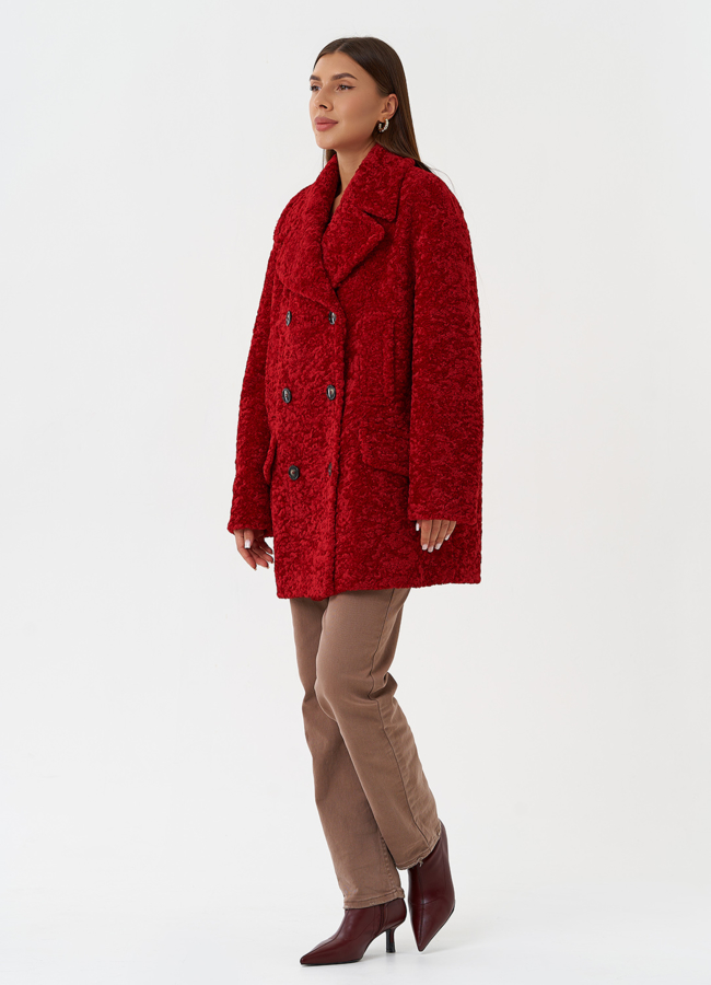 Яркое двубортное пальто с английским воротником модель № 28312 в кредит