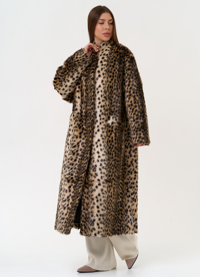 Женская шуба из эко меха с анималистическим принтом модель № 31528 меха малина