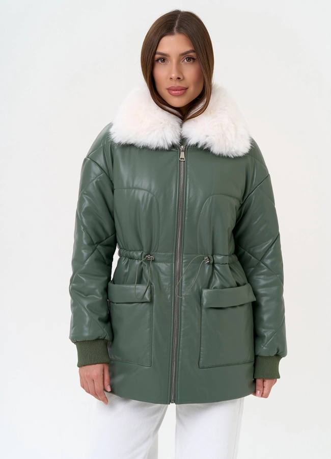 Женский пуховик из эко кожи с воротником из эко меха модель № 30723 меха малина
