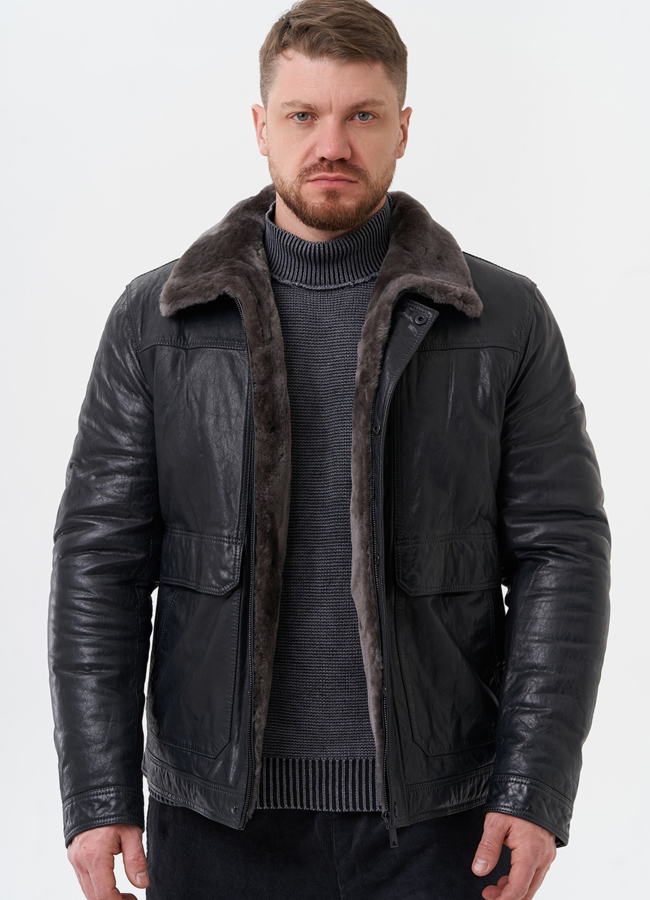 Куртка из натуральной кожи с отделкой из мутона модель № 28949 меха малина