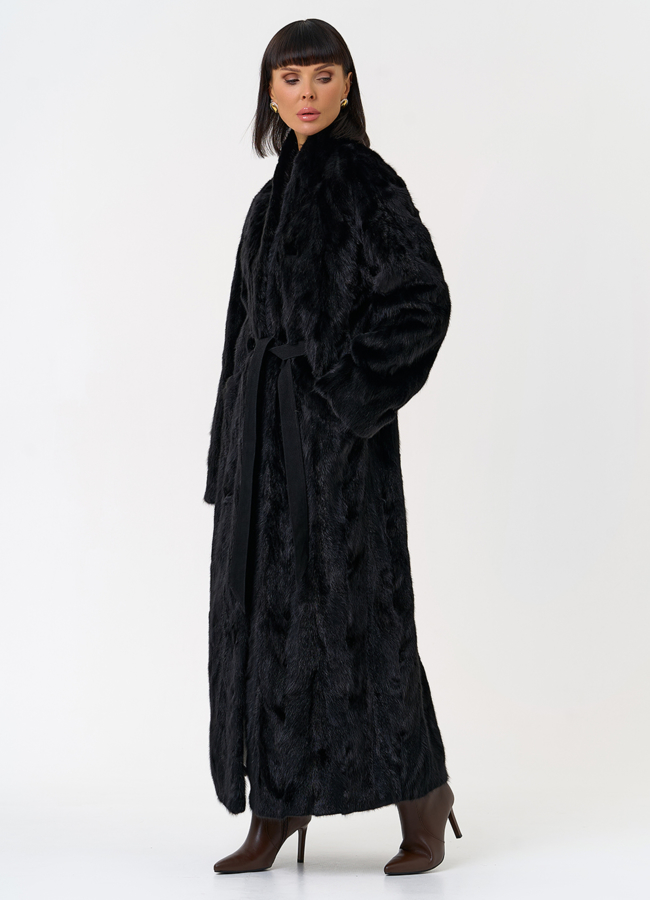 Длинная шуба из меха норки с поясом модель № 31294 универмаг малина