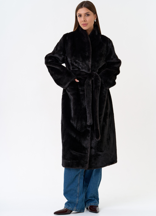 Женское пальто из эко меха с воротником шаль модель № 31255 меха малина