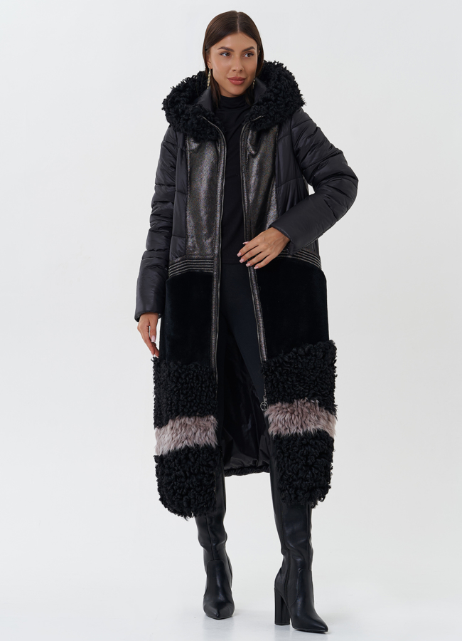 Комбинированный пуховик с капюшоном модель № 26913 в кредит