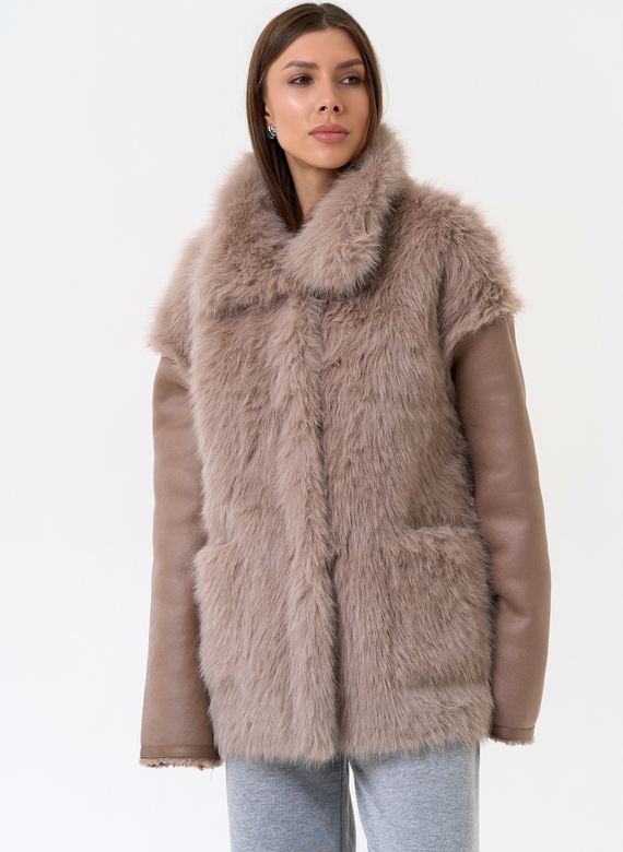 Женская дубленка из эко замши с отделкой из эко меха