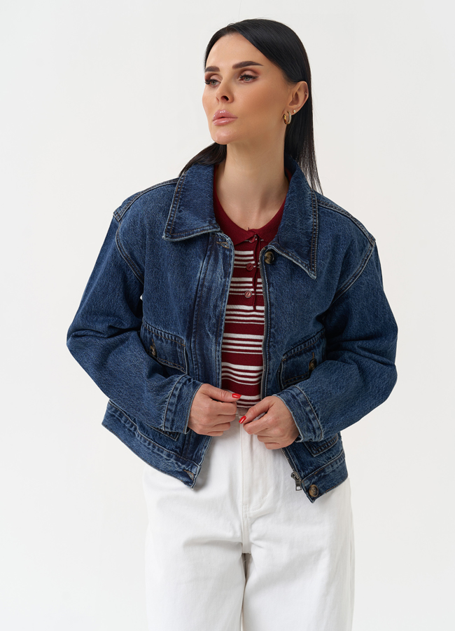 Женская джинсовая куртка синего цвета модель № 30412 меха малина